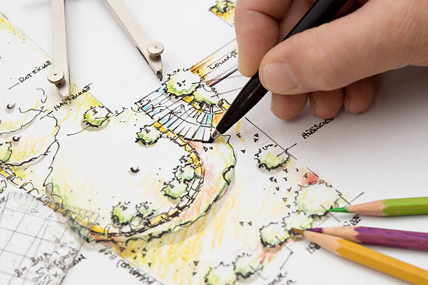 sketch of garden design with pen and colors